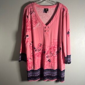JM Collection Plus Size Pink Paisley Print V Neck Tunic Top XXL